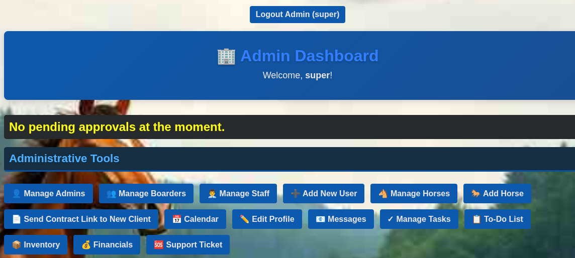 Admin Dashboard — Full barn management control panel with overview of all operations