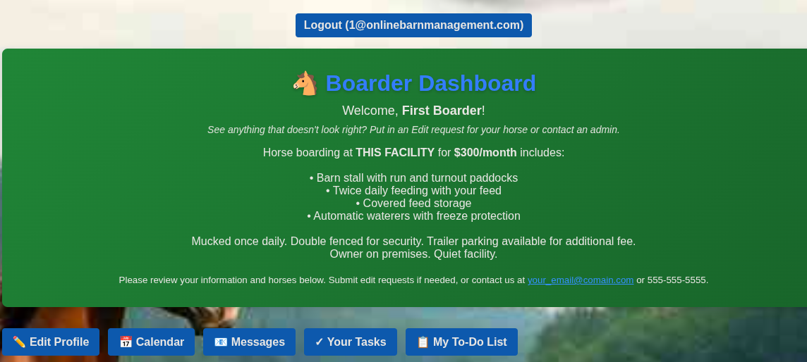 Boarder Portal — View horse information, make payments, and message barn staff